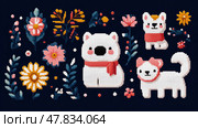 Winter Holiday: Embroidered critters and floral elements, for print, card, poster. Стоковое AI-изображение, AI-художник Данила Большаков / Фотобанк Лори