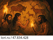 Cave dwellers painting animals on rock walls by torchlight. Стоковое AI-изображение, AI-художник Максим Гребешков / Фотобанк Лори