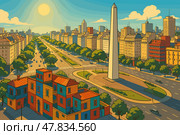 Buenos Aires cityscape with Obelisk and colorful La Boca neighborhood. Стоковое AI-изображение, AI-художник Максим Гребешков / Фотобанк Лори