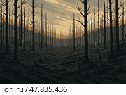 Scorched Forest Landscape Left Blackened by Intense Wildfire. Стоковое AI-изображение, AI-художник Максим Гребешков / Фотобанк Лори