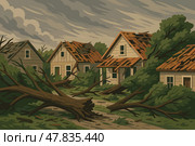 Strong Windstorm Uproots Trees and Damages Residential Rooftops. Стоковое AI-изображение, AI-художник Максим Гребешков / Фотобанк Лори