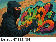Masked Vandal Spray Paints Wall With Colorful Illegal Graffiti. Стоковое AI-изображение, AI-художник Максим Гребешков / Фотобанк Лори