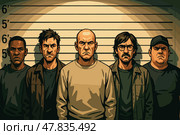Suspects Stand in Police Lineup Under Bright Interrogation Lights. Стоковое AI-изображение, AI-художник Максим Гребешков / Фотобанк Лори