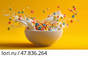 Colorful cereal splashes milk in a bowl against a bright yellow background. Разноцветные хлопья разбрызгивают молоко в миске на ярко-желтом фоне. Стоковое AI-изображение, AI-художник Katsiaryna Repich / Фотобанк Лори