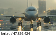 Airplane preparing for takeoff at a busy airport during twilight with city lights glowing in the background. Стоковое AI-видео, аниматор Климов Денис / Фотобанк Лори