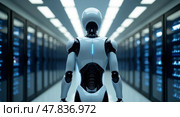 Futuristic humanoid robot in a hightech data center. Стоковое AI-изображение, AI-художник Андрей Бакусов / Фотобанк Лори
