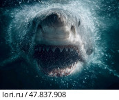 Great White Shark Attacking With Open Jaws. Стоковое AI-изображение, AI-художник Георгий Дзюра / Фотобанк Лори
