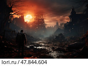 Lone soldier stands amidst destruction of war-torn city. Sunset casting eerie glow over ravaged urban landscape, highlighting ruins of buildings and desolation left in aftermath of conflict. Стоковое AI-изображение, AI-художник Данила Большаков / Фотобанк Лори