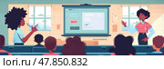 Students are engaged as a teacher presents informative material using a digital display in a vibrant classroom. Стоковое AI-изображение, AI-художник Данила Большаков / Фотобанк Лори