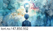 The figure reflects deeply as inspiration shines from a bulb overhead, surrounded by colorful splashes of paint. Стоковое AI-изображение, AI-художник Данила Большаков / Фотобанк Лори