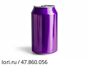 One purple aluminum can of soda isolate on white background. Front view. Recycle metal can mock-up, template. Beer, carbonated water, cola, energy drinks can isolated with shadow. Recycling. Closeup. Стоковое AI-изображение, AI-художник Марина Демидюк / Фотобанк Лори