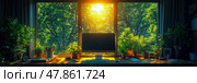 Sunlight streams through a large window, casting a warm glow on a desk cluttered with plants and a computer, creating a serene workspace. Стоковое AI-изображение, AI-художник Данила Большаков / Фотобанк Лори