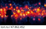 A lively crowd gathers under a mesmerizing array of colorful lights at a nighttime festival, creating a vibrant and festive atmosphere. Стоковое AI-изображение, AI-художник Данила Большаков / Фотобанк Лори