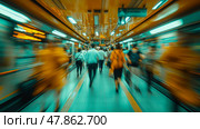 A busy subway station filled with commuters moving quickly as they navigate the bustling environment during peak hours in a vibrant city. Стоковое AI-изображение, AI-художник Данила Большаков / Фотобанк Лори