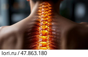 A detailed view of a person's spine illuminated from within, showcasing vertebrae in a health-focused environment emphasizing wellness. Стоковое AI-изображение, AI-художник Данила Большаков / Фотобанк Лори