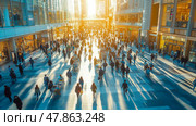 Throngs of shoppers navigate a bustling urban marketplace as the sun sets, casting long shadows across the modern architecture and vibrant storefronts. Стоковое AI-изображение, AI-художник Данила Большаков / Фотобанк Лори