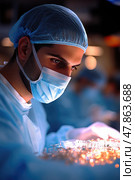 Surgeon carefully examines surgical instruments under bright lights in a sterile operating room, showcasing a dedicated and focused atmosphere. Стоковое AI-изображение, AI-художник Данила Большаков / Фотобанк Лори