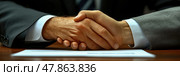 Two individuals engage in a handshake to finalize a business agreement in a corporate office during daylight hours, symbolizing partnership and trust. Стоковое AI-изображение, AI-художник Данила Большаков / Фотобанк Лори
