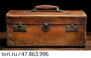 A rustic leather toolbox sits on a wooden surface, showcasing its worn texture and metal clasps. The craftsmanship reflects a rich history of utility. Стоковое AI-изображение, AI-художник Данила Большаков / Фотобанк Лори