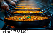 Chefs stir simmering pans of paella filled with vibrant ingredients, showcasing culinary skills at a lively outdoor gathering on a sunny day. Стоковое AI-изображение, AI-художник Данила Большаков / Фотобанк Лори