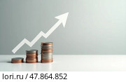 Optimistic financial growth cinematic ultrahighdefinition photograph of stacked coins with ascending arrows on a serene gray to white background. Стоковое AI-изображение, AI-художник Андрей Бакусов / Фотобанк Лори