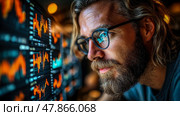 A trader closely examines glowing graphs and charts showcasing market data and trends during a busy workday in a financial district office. Стоковое AI-изображение, AI-художник Данила Большаков / Фотобанк Лори