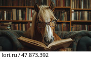 Лошадь сидит на диване и читает книгу. Стоковое AI-изображение, AI-художник Ярославский Максим / Фотобанк Лори