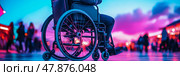 Nightscape Equality: Wheelchair Silhouette Among Pedestrians, Neon-Tinted Streets, Empowerment and Inclusivity Theme, Street Scene. Стоковое AI-изображение, AI-художник Данила Большаков / Фотобанк Лори