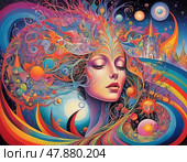 A mesmerizing blend of colors showcases a female figure with flowing hair, surrounded by cosmic elements. Psychedelic colorful visions and hallucinations. Small elements. Generative AI. Стоковое AI-изображение, AI-художник Юлия Петровская / Фотобанк Лори