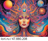 A mesmerizing blend of colors showcases a female figure with flowing hair, surrounded by cosmic elements. Psychedelic colorful visions and hallucinations. Small elements. Generative AI. Стоковое AI-изображение, AI-художник Юлия Петровская / Фотобанк Лори
