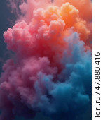 Bright plumes of colored smoke billow against a serene sky, infusing the natural landscape with a cascade of vibrant hues. This spectacle captivates onlookers, enhancing the ambiance. Generative AI. Стоковое AI-изображение, AI-художник Юлия Петровская / Фотобанк Лори