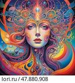 A mesmerizing blend of colors showcases a female figure with flowing hair, surrounded by cosmic elements. Psychedelic colorful visions and hallucinations. Small elements. Generative AI. Стоковое AI-изображение, AI-художник Юлия Петровская / Фотобанк Лори