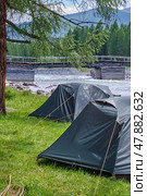 Tourist camp on the bank of Altai river Bashkaus. On background old wooden damaged bridge over river. (2023 год). Редакционное фото, фотограф Сергей Пристяжнюк (Serg Zastavkin) / Фотобанк Лори
