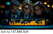 A team of three professionals focuses intently on a digital display, interpreting financial charts in a dark office setting at night. Стоковое AI-изображение, AI-художник Данила Большаков / Фотобанк Лори