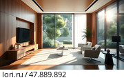 Modern luxury CEO office interior with the latest technology, wooden walls and a large window overlooking the garden. Стоковое AI-изображение, AI-художник Iva Noel / Фотобанк Лори