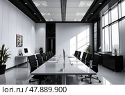 Spacious conference room with a long white table surrounded by black armchairs, white walls, ceiling lights. Minimalist modern office interior design in black and white tones. Стоковое AI-изображение, AI-художник Iva Noel / Фотобанк Лори