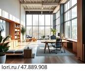 Modern Scandinavian-style office interior with sleek wooden accents, minimalist decor, and an abundance of natural light pouring in through floor-to-ceiling windows. Стоковое AI-изображение, AI-художник Iva Noel / Фотобанк Лори