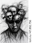 Dark expressionist sketch of chaotic human figure symbolizing schizophrenia. Мрачный экспрессионистский набросок хаотичной человеческой фигуры, символизирующей шизофрению. Стоковое AI-изображение, AI-художник Katsiaryna Repich / Фотобанк Лори