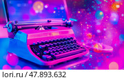 Retro Writer: Neon Typewriter on Glossy Surface with Blurred Lights for Creative Writing Concepts. Стоковое AI-изображение, AI-художник Данила Большаков / Фотобанк Лори