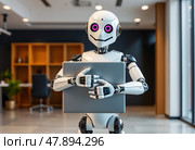 Робот держит ноутбук на фоне современного большого офиса. Стоковое AI-изображение, AI-художник Ольга Денис / Фотобанк Лори
