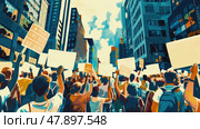 A painting depicting a large group of individuals gathered together, each holding protest signs and voicing their messages in a public setting. Стоковое AI-изображение, AI-художник Данила Большаков / Фотобанк Лори