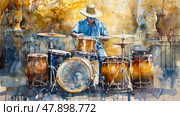 A musician skillfully performs on drums in a lively outdoor setting, creating an energetic atmosphere filled with rhythm. Стоковое AI-изображение, AI-художник Данила Большаков / Фотобанк Лори