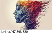A stylized representation of a person's profile filled with colorful crumpled textures, conveying emotion and inner turmoil. Стоковое AI-изображение, AI-художник Данила Большаков / Фотобанк Лори
