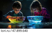 Two children gaze intently at glowing bowls resembling Earth, marvelling at the radiant colors in a dark room. Стоковое AI-изображение, AI-художник Данила Большаков / Фотобанк Лори