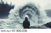 A man stands bravely in front of a colossal wave as it crashes towards him, showcasing the power of the oceans force. Стоковое AI-изображение, AI-художник Данила Большаков / Фотобанк Лори