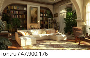 Well-furnished living room filled with various pieces of furniture such as sofas, tables and chairs. Room is brightened by numerous windows, allowing natural light to illuminate space. Стоковое AI-изображение, AI-художник Данила Большаков / Фотобанк Лори