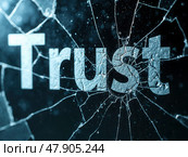 The text "Trust" on the broken glass. Стоковое AI-изображение, AI-художник Sergey Grishin / Фотобанк Лори