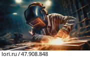 A worker in protective gear welding and fabricating metal structures with flying sparks. Стоковое AI-видео, аниматор Михаил Строгалев / Фотобанк Лори