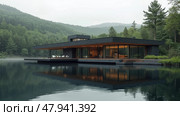 A Sleek Modern House Sits on the Edge of a Serene Lake, Mirroring Its Design in the Still Water. Стоковое AI-изображение, AI-художник Sergey Grishin / Фотобанк Лори