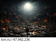 Alone man standing in maze located in dark room, trying to find his way out. Стоковое AI-изображение, AI-художник Данила Большаков / Фотобанк Лори
